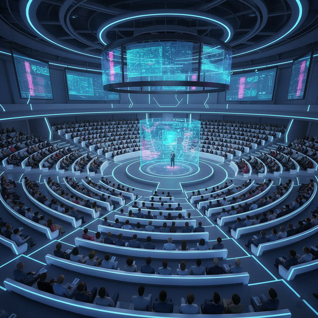 A large corporate meeting taking place in a vast virtual auditorium