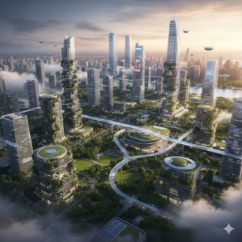 A futuristic, people-focused smart city with less traffic and more green space