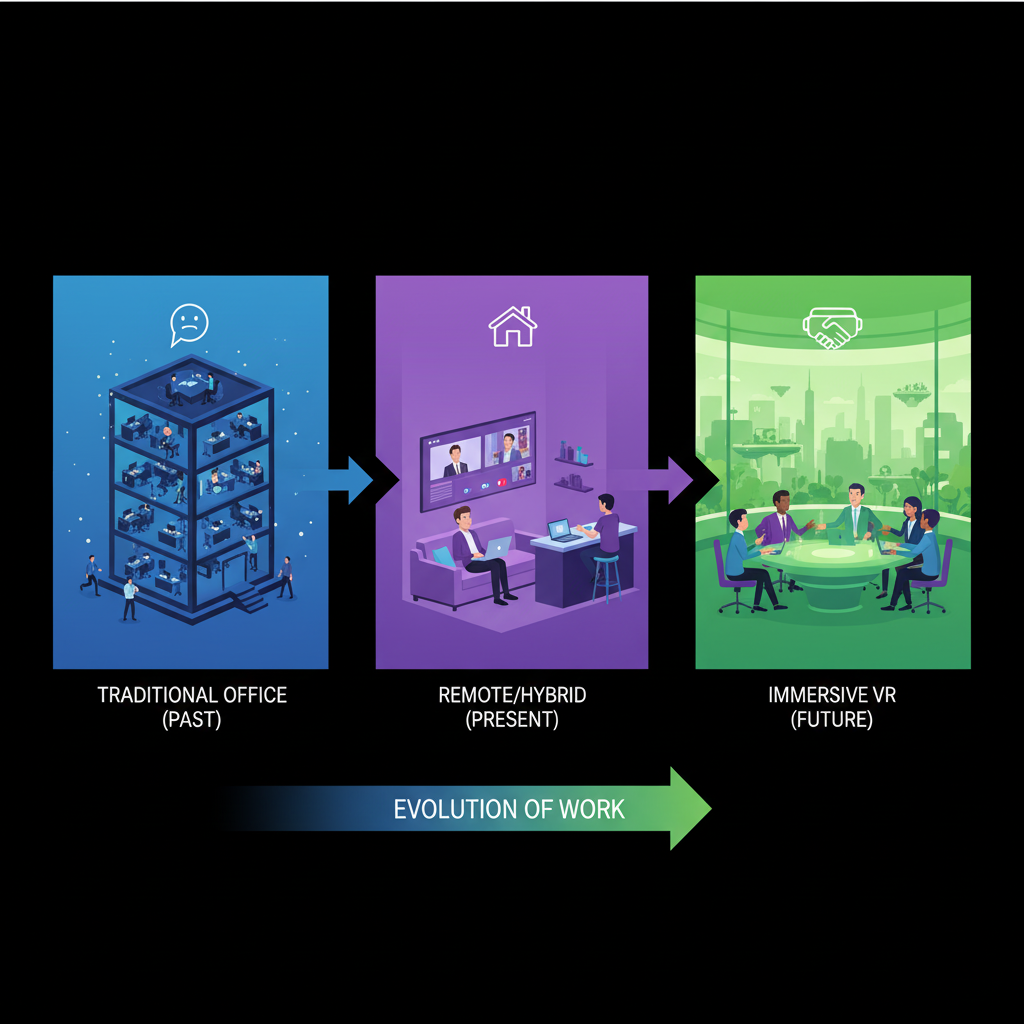 Infographic showing the evolution from physical office to video calls to immersive VR