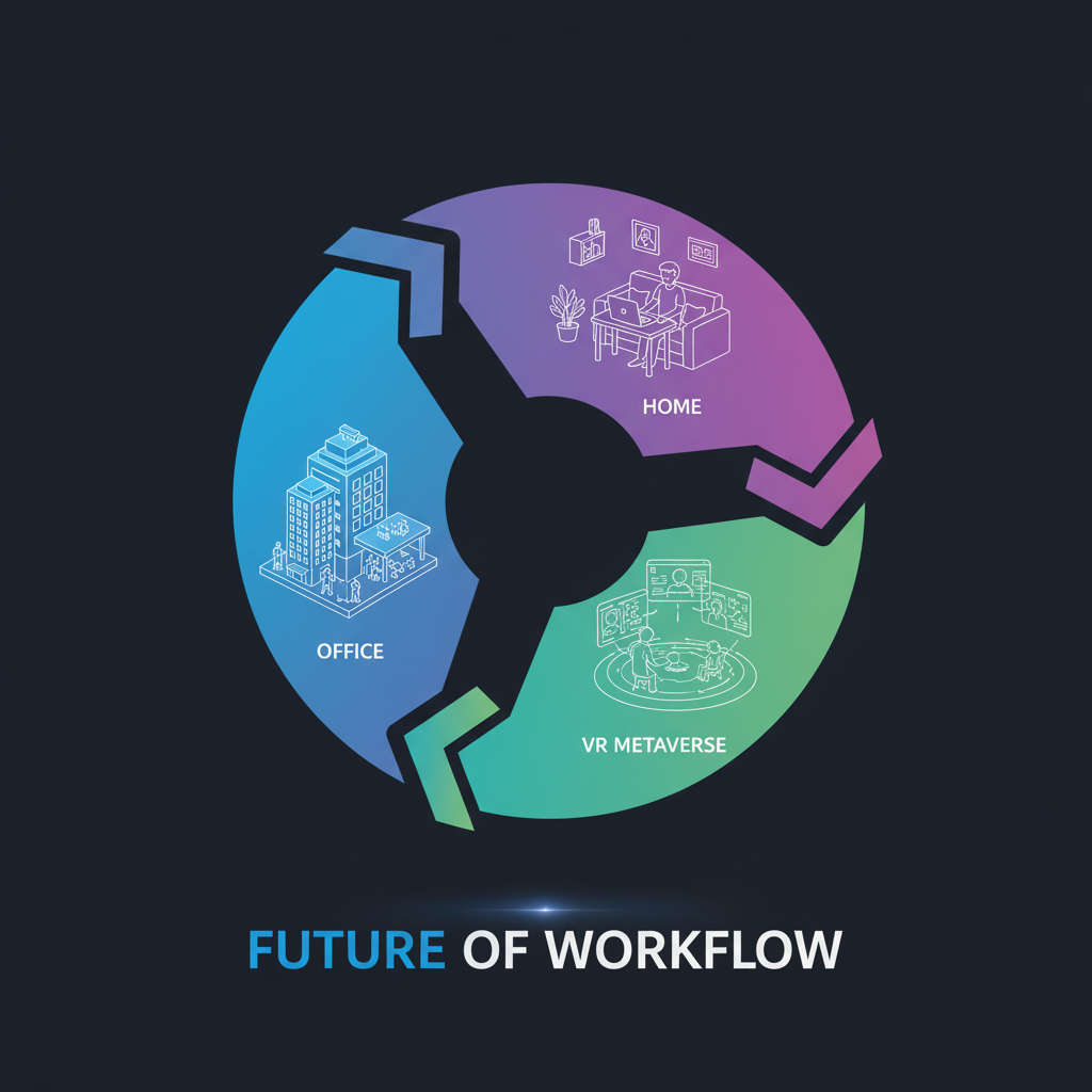 A diagram showing a flexible hybrid work model: office, home, and virtual