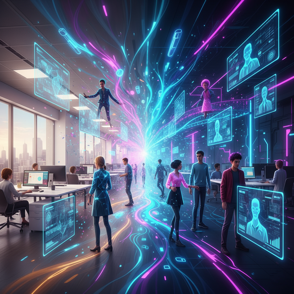 A seamless blend of a physical office space merging into a virtual metaverse world