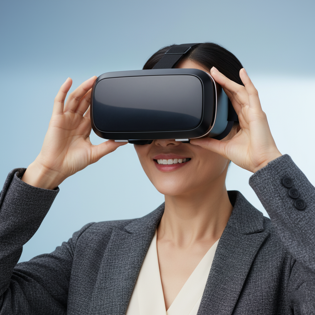 A person confidently putting on a VR headset, ready for the future