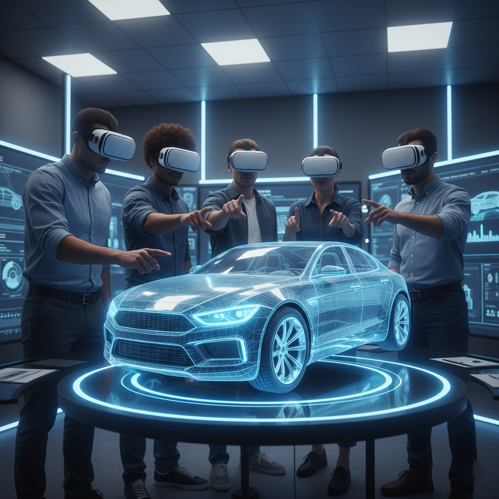 Engineers and designers collaborating around a 3D car model in VR