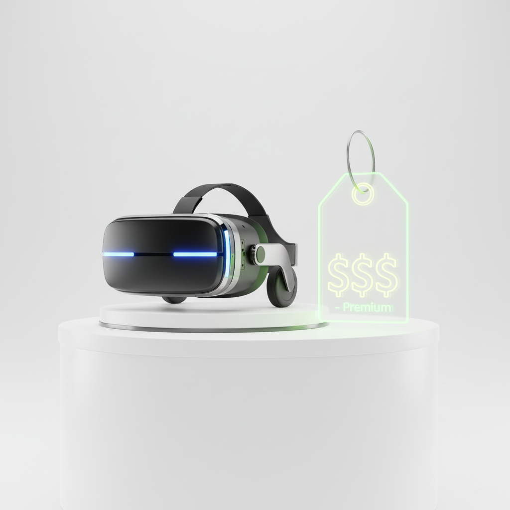 A high-end VR headset with a price tag symbol