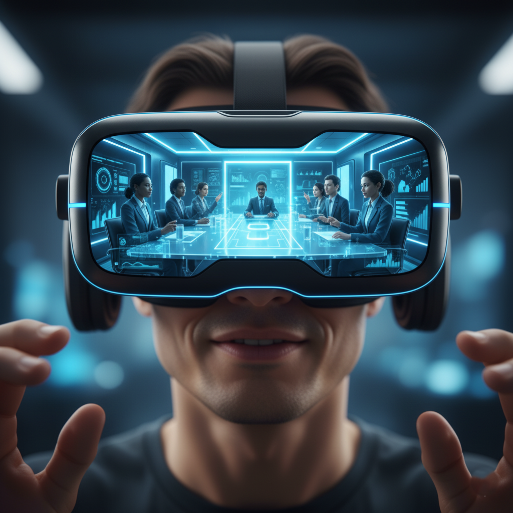 Person wearing VR headset with a virtual meeting reflected in the lenses