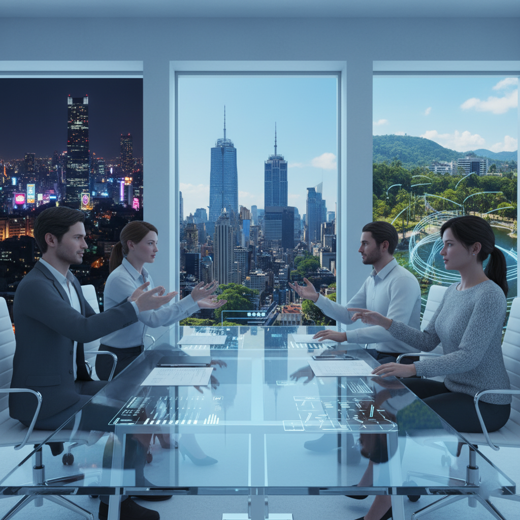 Team collaborating in a realistic virtual reality conference room